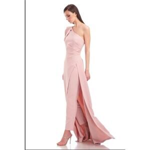 Kay Unger Pale Blush Bigou Shoulder Draped Jumpsuit Dress Stretch Crepe Size 12